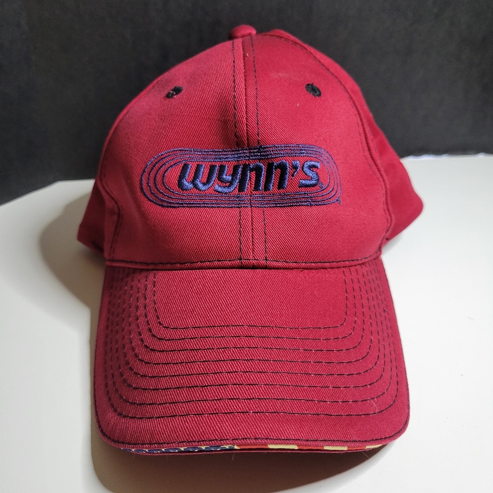 Wynn's Auto Racing Red Trucker Cap Hat Hook & Loop Closure Blue Stitching